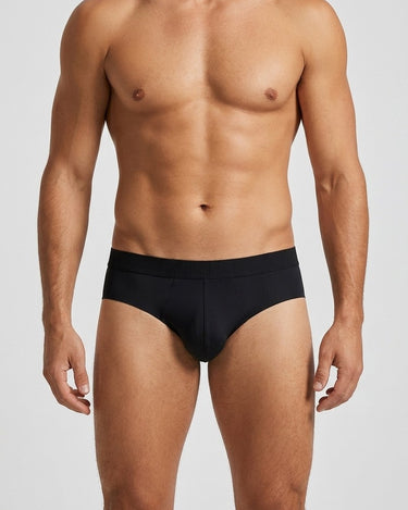 Men's Low-Rise Solid Colour Silky Microfibre Briefs – worn, front view