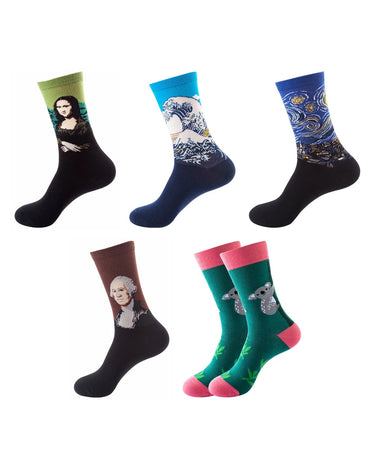 Herren Gemusterte Socken aus Baumwolle – Packung mit 5 Paar, 1x Mona Lisa + 1x Große Welle + 1x Sternennacht + 1x Porträt + 1x Koala