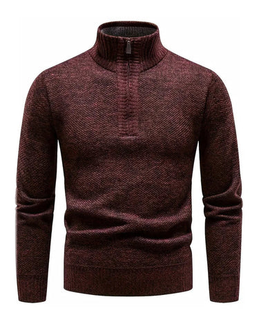 Bordeauxmeleret sweater med lynlås og høj hals, set forfra