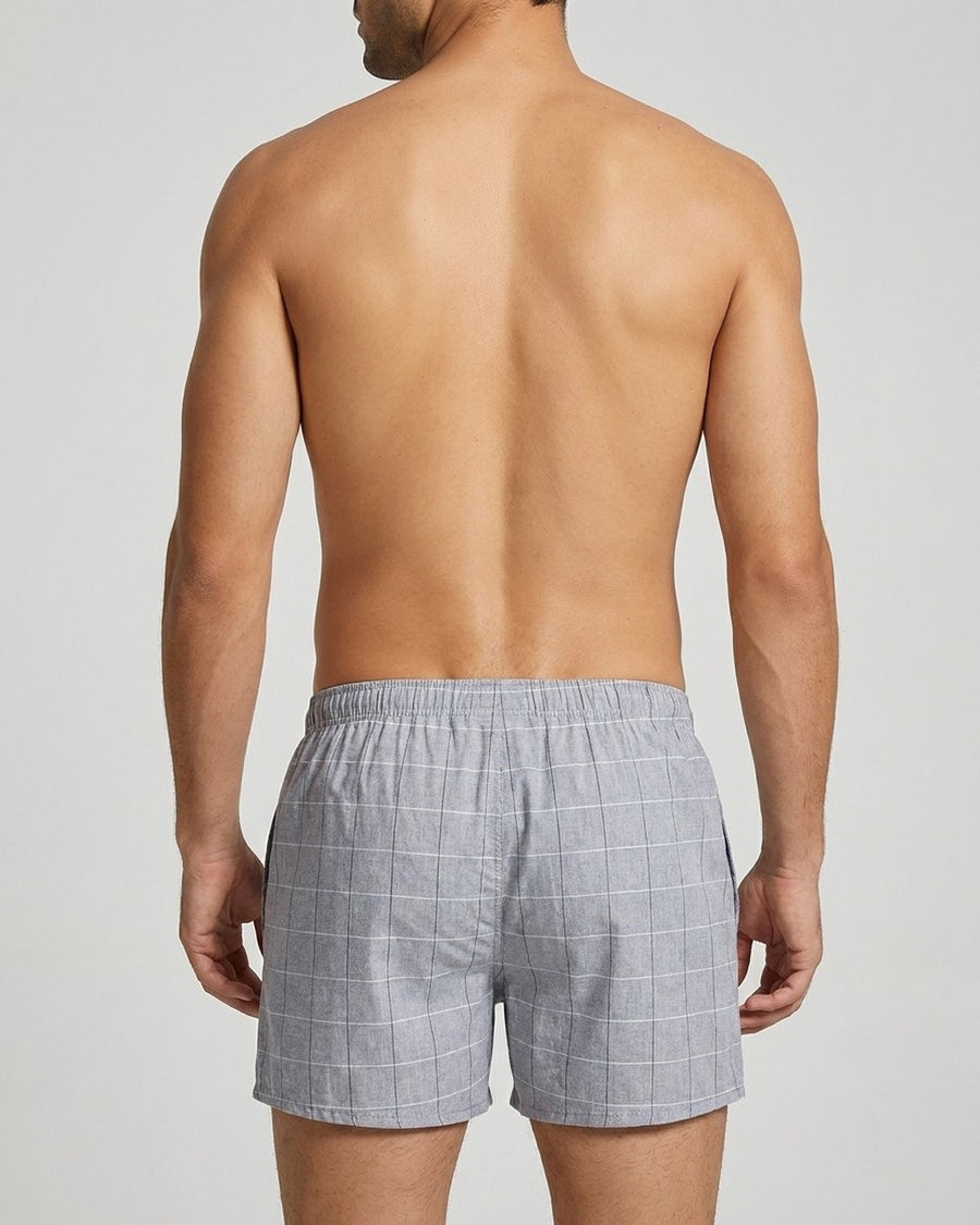 Løse herreboxershorts i bomuld med tern og print – båret, set bagfra