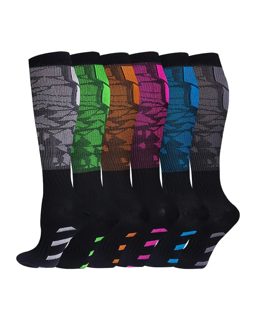 Knee-High Sports Compression Socks – 6 black socks with a coloured pattern