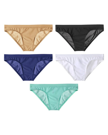 Men's Sheer Silky Microfibre Pouch Briefs – pack of 5 pieces, 1x apricot + 1x black + 1x navy blue + 1x white + 1x aqua green