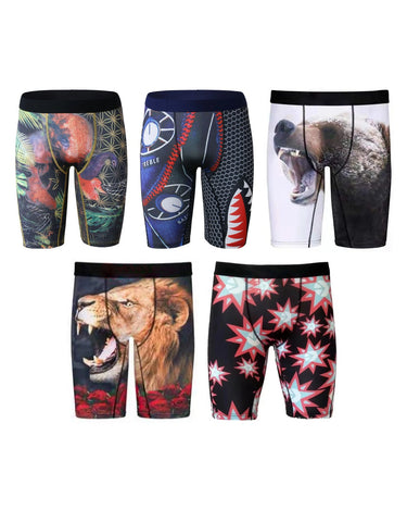Boxers compridos de homem estampados – pack de 5 peças, 1x tigre + 1x tubarão + 1x urso + 1x leão + 1x estrelas vermelhas