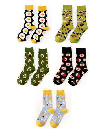 Halvlange mønstrede herresokker – pakke med 5 par, 1x æg + 1x sushi + 1x avocado + 1x æbler + 1x morgenmad