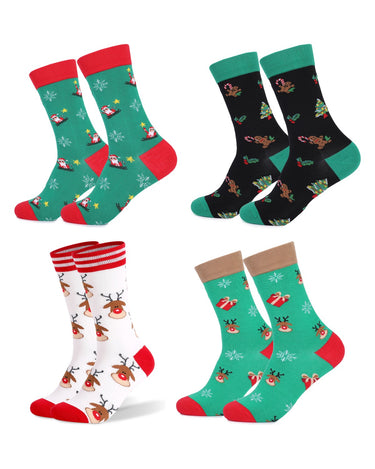 Men's Christmas Combed Cotton Socks – pack of 4 pairs, 1x Santa on green + 1x candy canes on black + 1x reindeer on white + 1x reindeer and gifts
