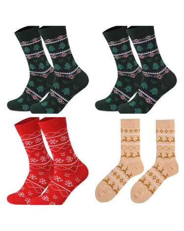 Calzini natalizi uomo nordici in cotone pettinato – confezione da 4 paia, 2x abeti verdi + 1x fiocchi rossi + 1x renne beige
