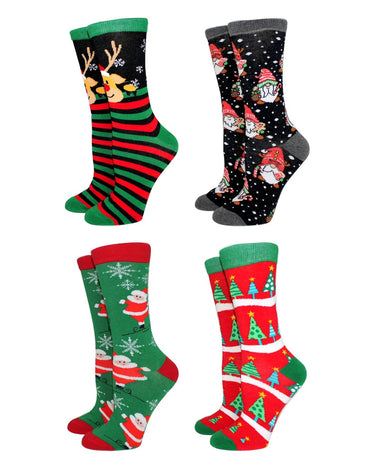 メンズ カラフル クリスマス コットン ソックス – 4足セット、1x ストライプ トナカイ + 1x 小人 + 1x グリーン サンタ + 1x レッド地 ツリー