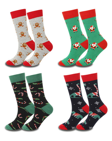 Men's Patterned Christmas Cotton Socks – pack of 4 pairs, 1x gingerbread on grey + 1x Santa on green + 1x candy canes on black + 1x Christmas dinosaur