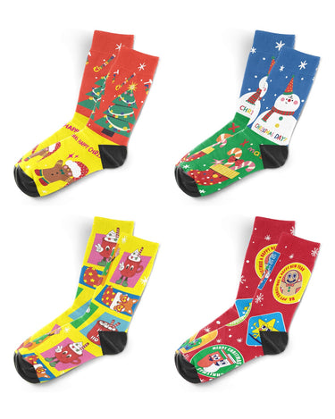 Men's Colour-Printed Christmas Socks – pack of 4 pairs, 1x tree on yellow + 1x snowman on blue + 1x yellow squares + 1x gingerbread on red