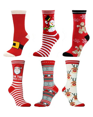 Calzini natalizi uomo rossi in cotone – confezione da 6 paia, 1x cintura di Babbo Natale + 1x pupazzo a righe + 1x pan di zenzero + 1x Babbo Natale «Nice List» + 1x nordico grigio + 1x musi di renna