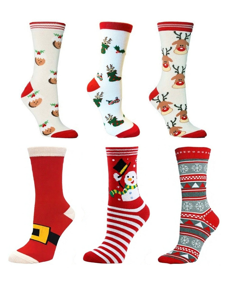 Calzini natalizi uomo rossi in cotone – confezione da 6 paia, 1x budino natalizio + 1x renne e stivali + 1x musi di renna + 1x cintura di Babbo Natale + 1x pupazzo a righe + 1x nordico grigio