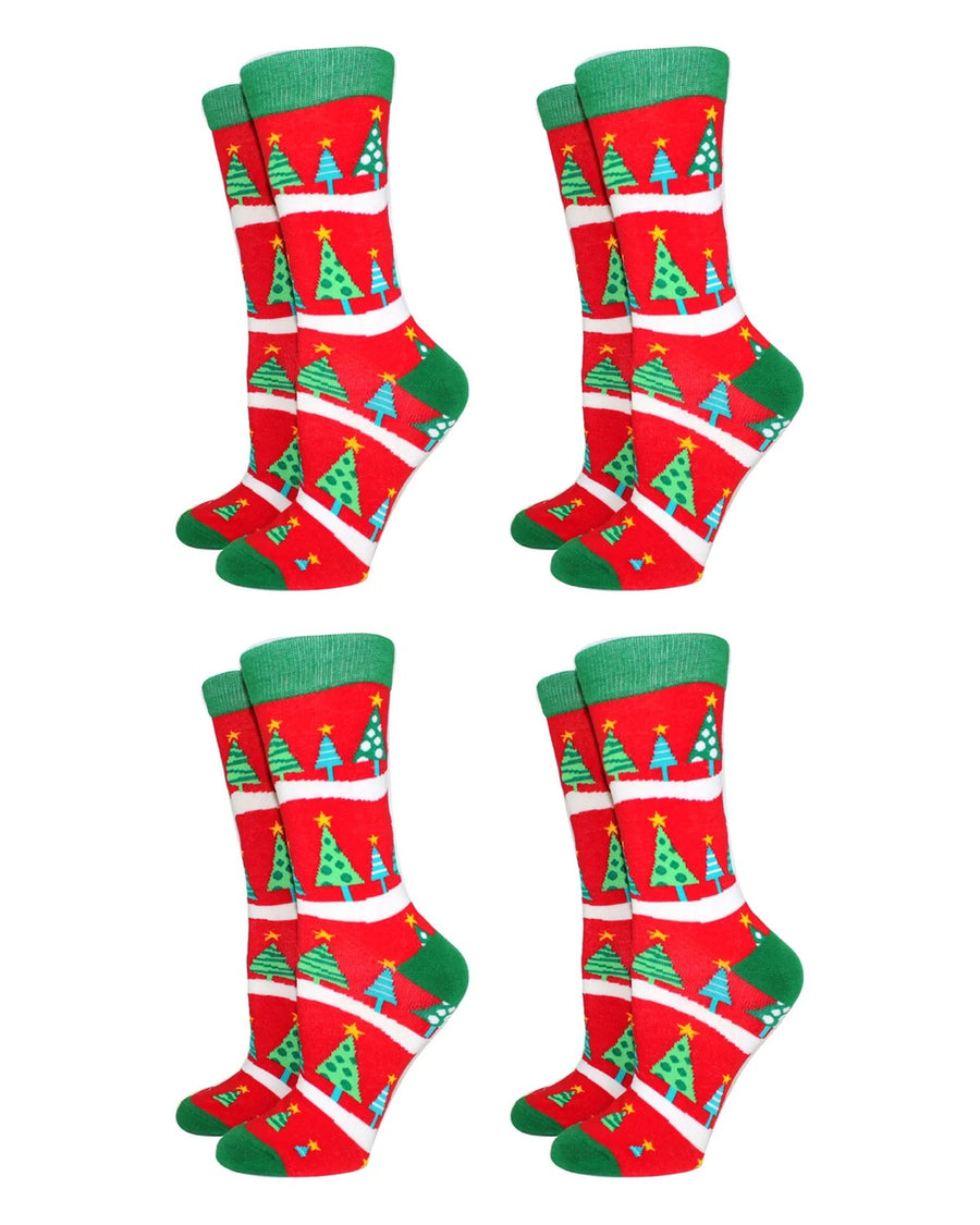 Calcetines navideños de colores de algodón para hombre – pack de 4 pares, 4x árboles sobre rojo