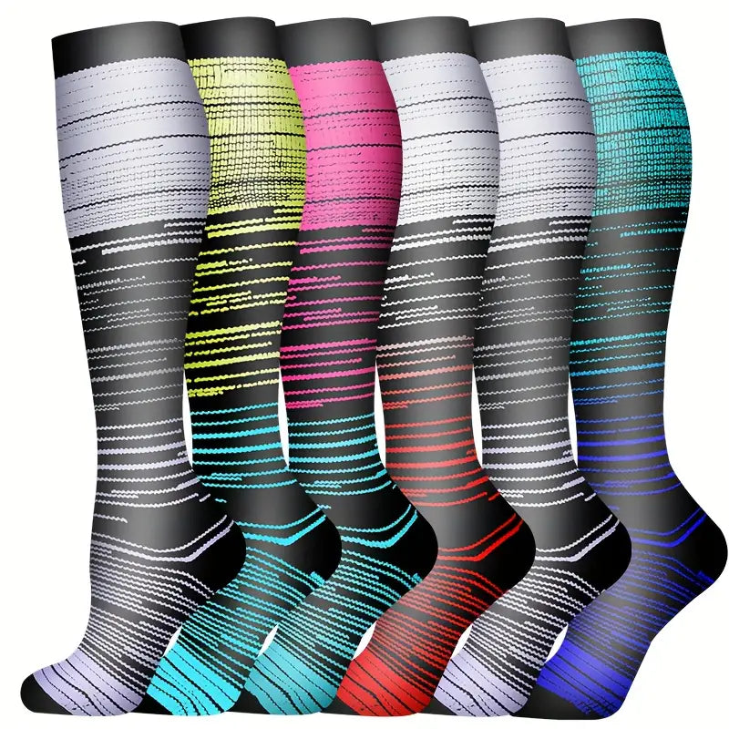 Knee-High Sports Compression Socks – 6 socks with coloured stripes
