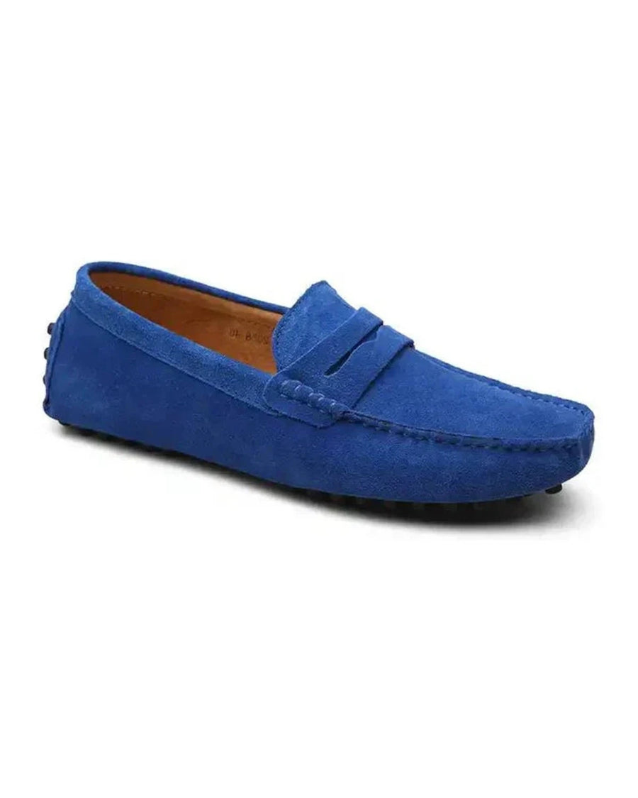 Mocassin de conduite en daim bleu, vue de côté