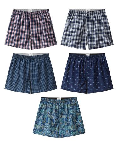 Herren Weite Boxershorts aus Baumwolle kariert – Packung mit 5 Stück, 1x rosa + 1x blau/weiß + 1x blau + 1x Vögel + 1x Palmen