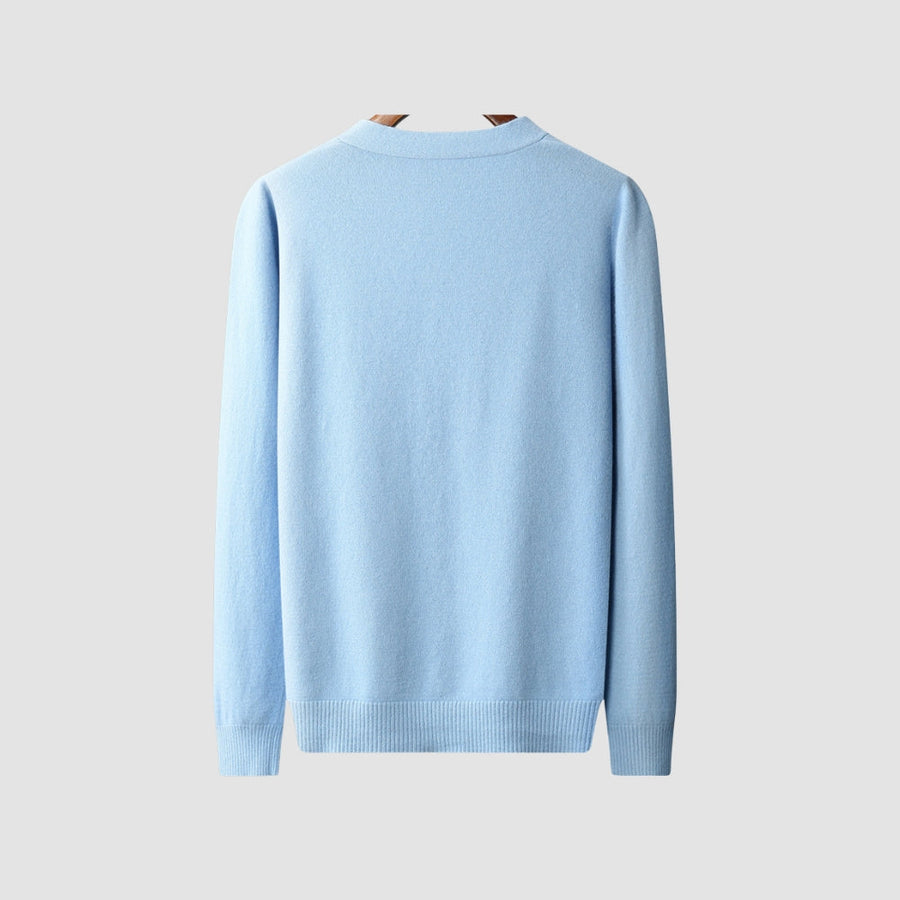 Light blue cardigan, back view