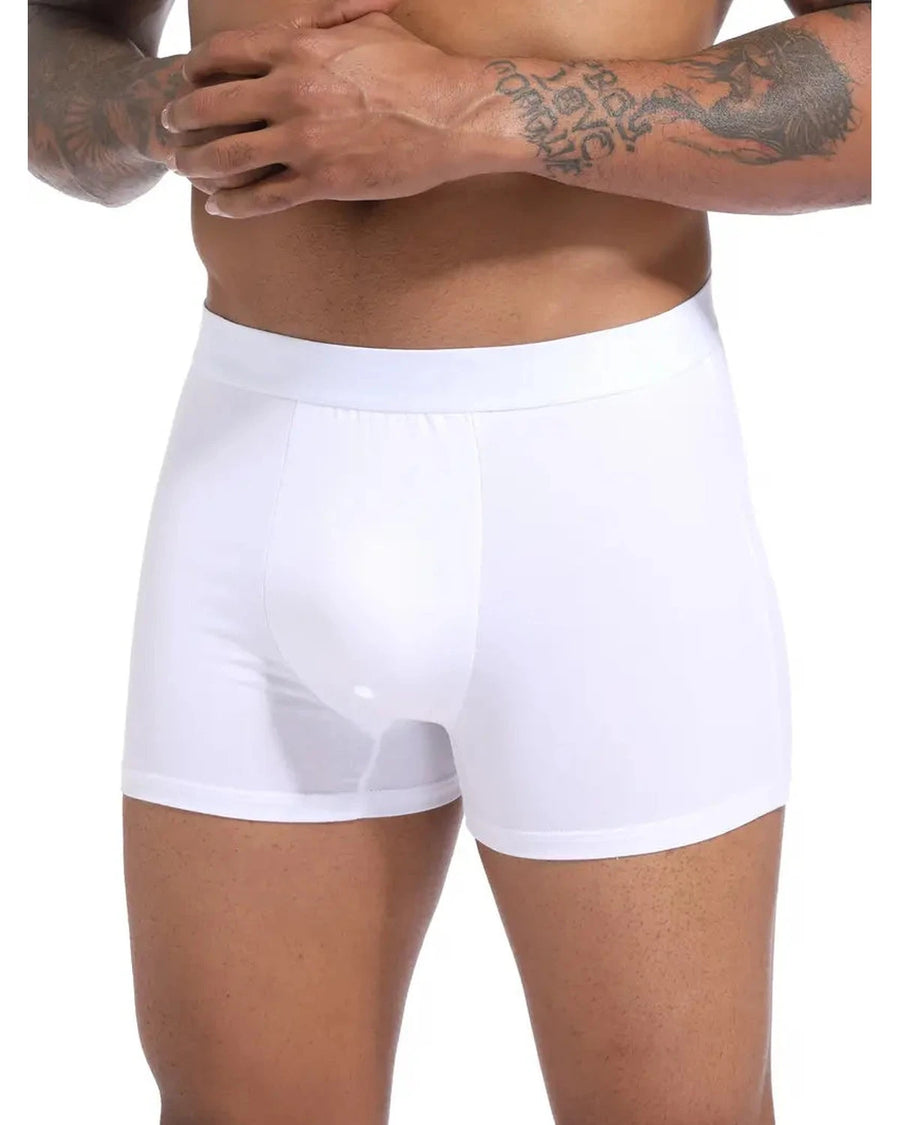Men's White Stretch Cotton Boxer Briefs – white boxer worn, front