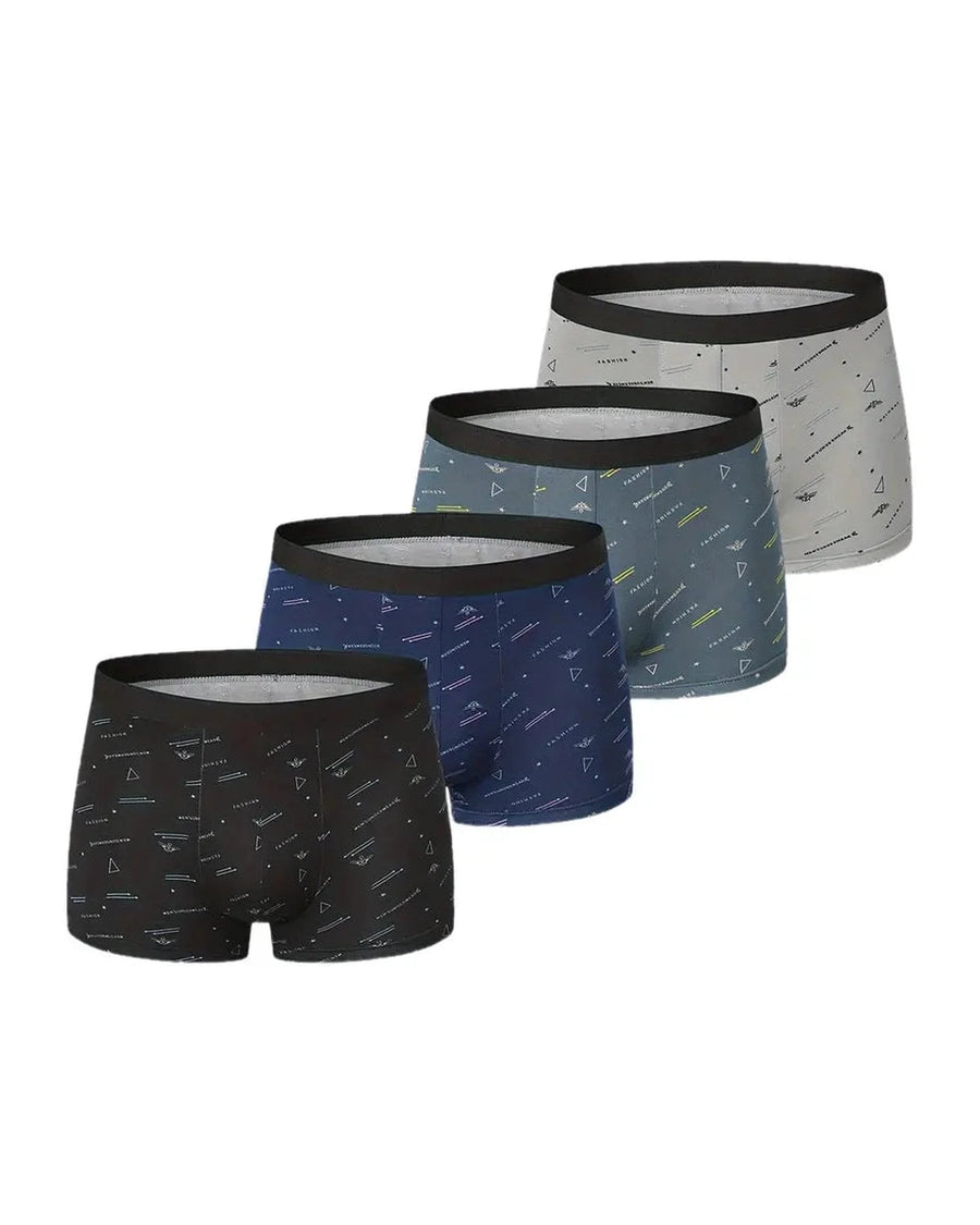 Men's Printed Boxer Briefs – 4 boxers with dashes: black, blue, grey-green, light grey