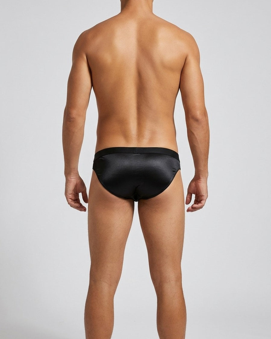 Herren Slips aus Satin, niedrige Taille, mit Beutel – getragen, Rückansicht