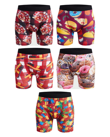 Mønstrede sportsboxershorts for menn – pakke med 5 stk., 1x kylling + 1x fastfood + 1x hotdog + 1x smultringer + 1x godteri