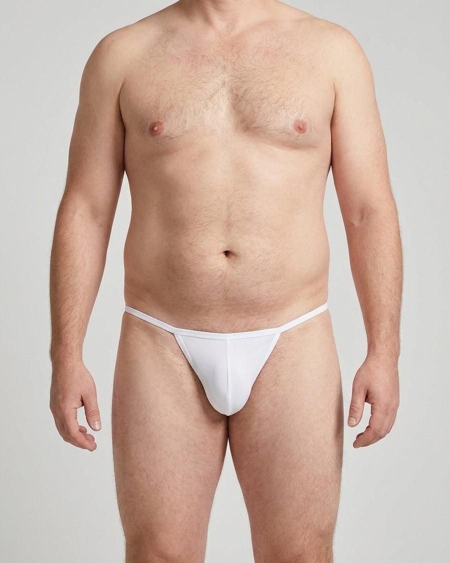 Herren String in Seidenoptik, elastisch – getragen, Vorderansicht