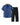 Blue short-sleeved linen shirt with black trousers on a hanger