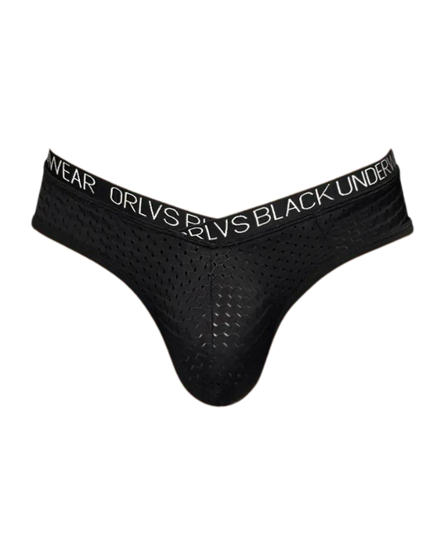 Men's V-Cut Perforated Mesh Briefs – black V-cut brief, front view