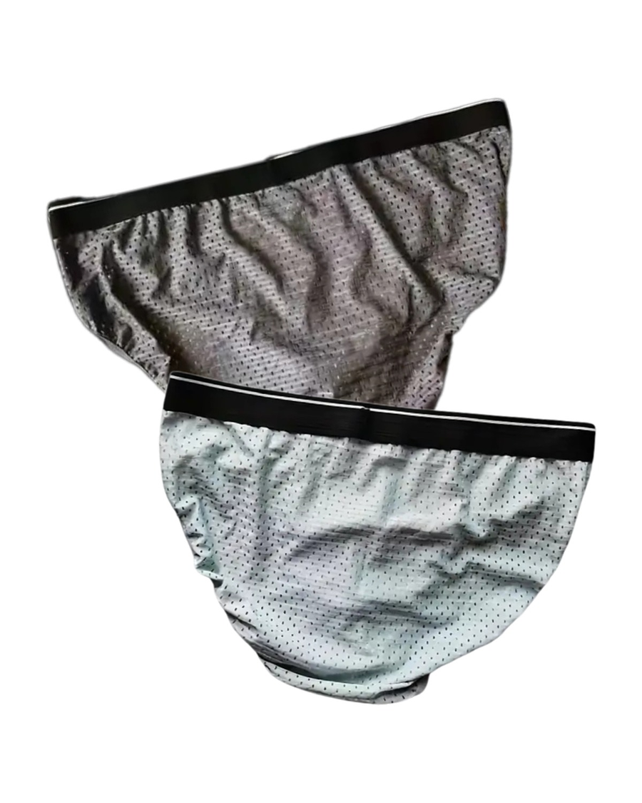 Men's Perforated Silk-Feel Microfibre Briefs – 2 perforated briefs, back view: grey and sky blue