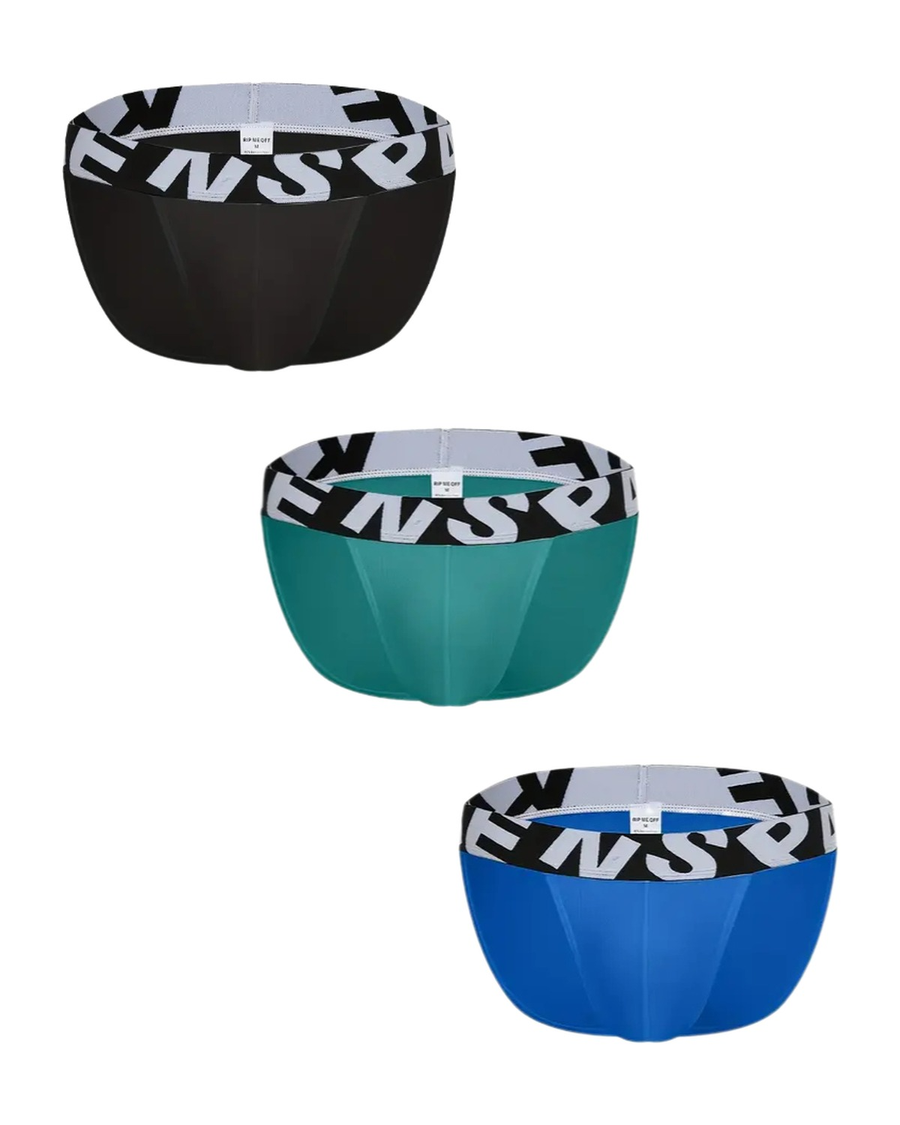Men's Bamboo Fibre Briefs with Lettered Waistband – 3 briefs, back view: black, green and blue