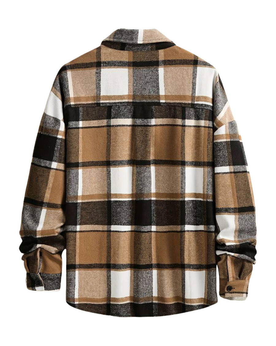 Camicia a quadri marrone, nera e bianca, vista posteriore