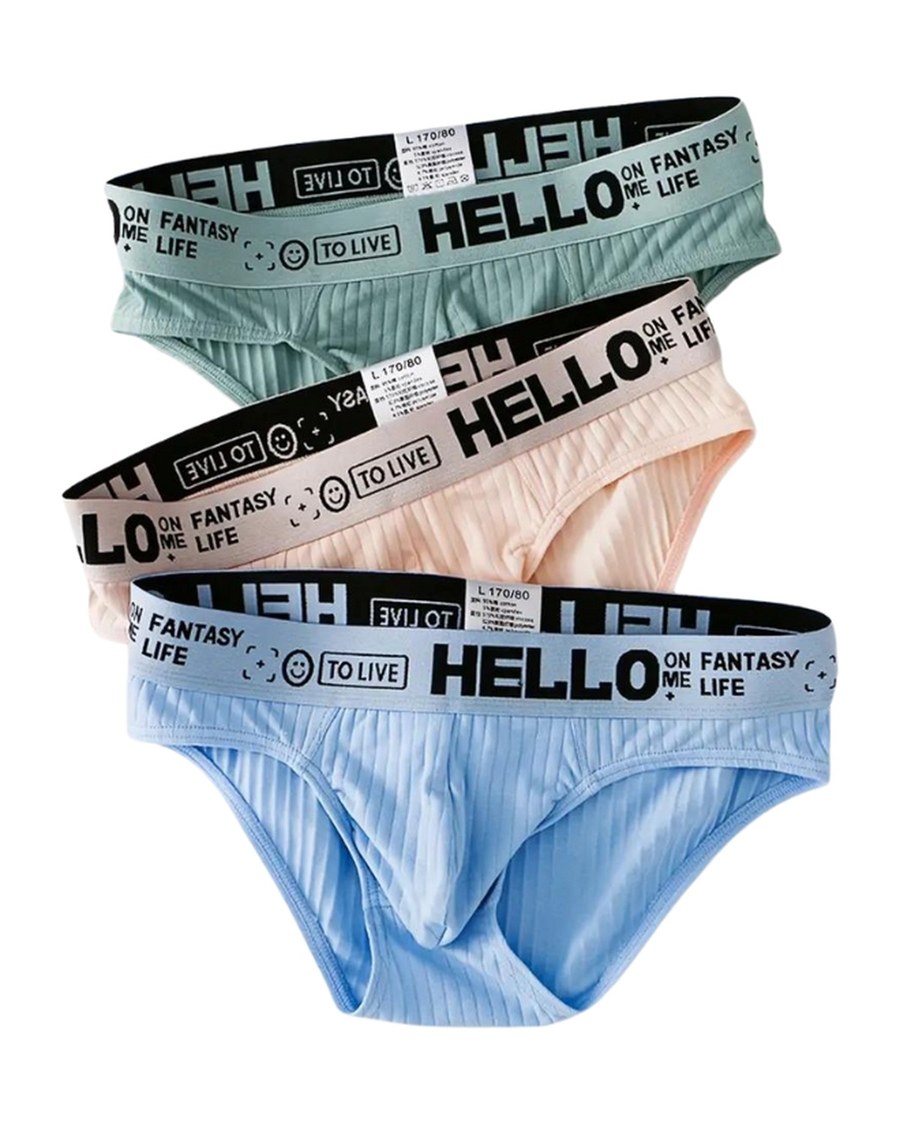 Men's Ribbed Cotton Briefs – 3 ribbed briefs: sage green, peach pink, light blue