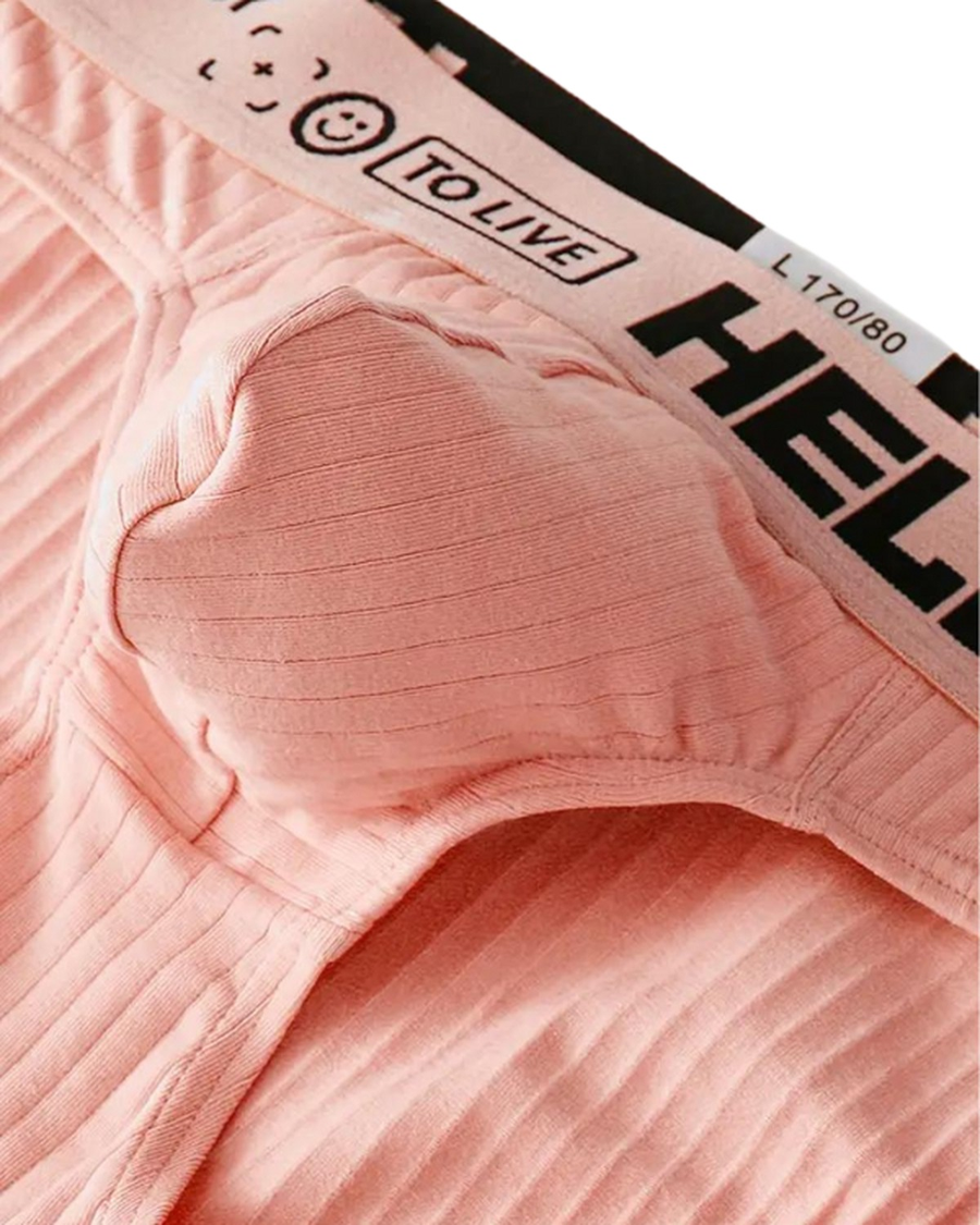 Men's Ribbed Cotton Briefs – close-up of the peach pink brief's pouch