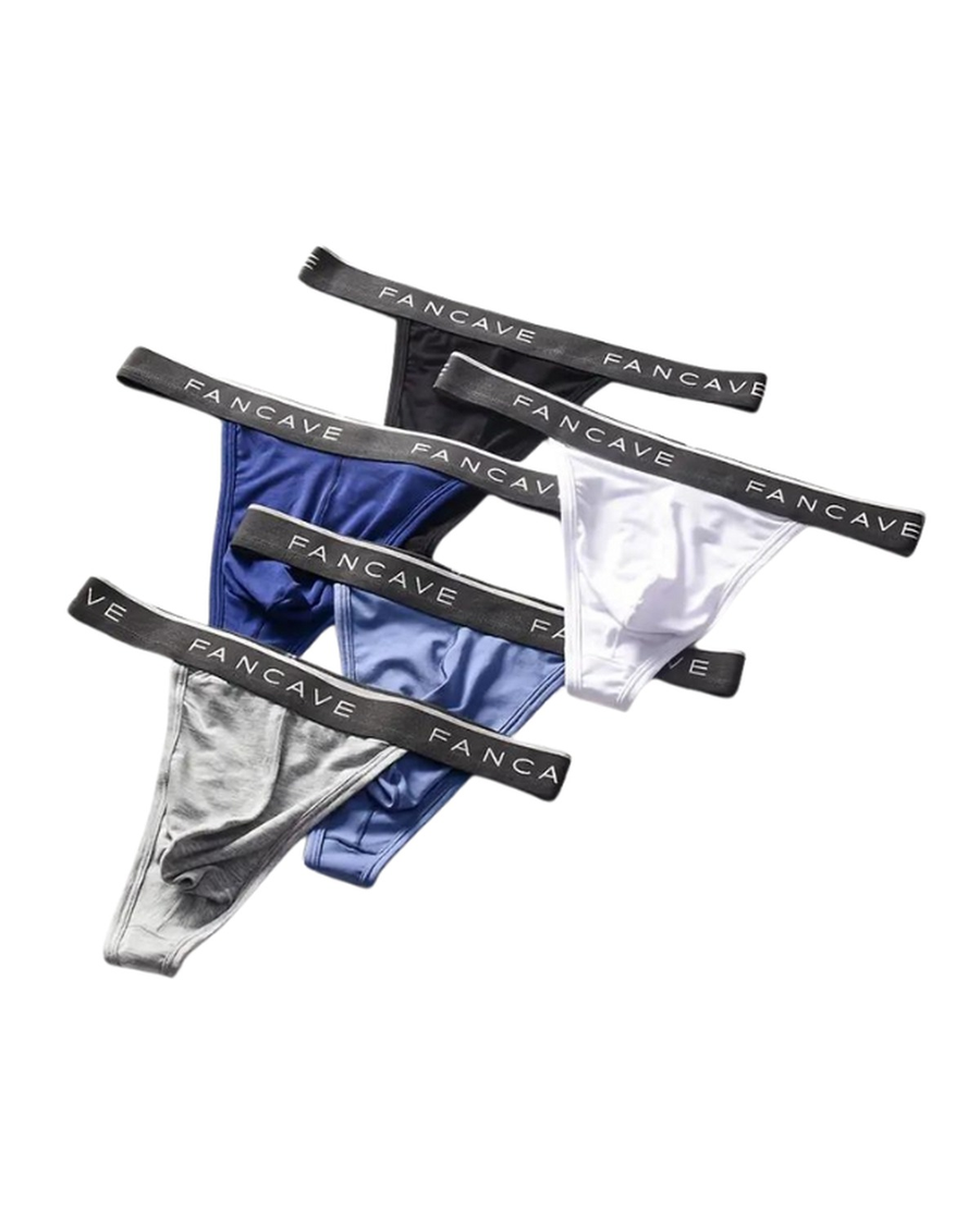 Men's Stretch Thongs with Black Waistband – 5 thongs spread out, assorted colours