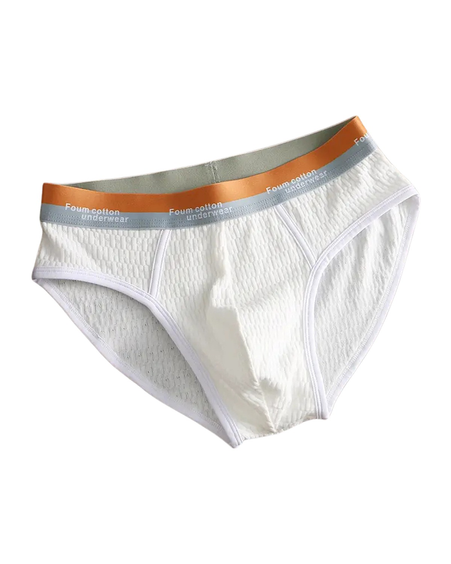 Strukturierte Herren Slips aus Baumwolle mit farbigem Bund – weißer Slip mit orangefarbenem Bund, Vorderansicht