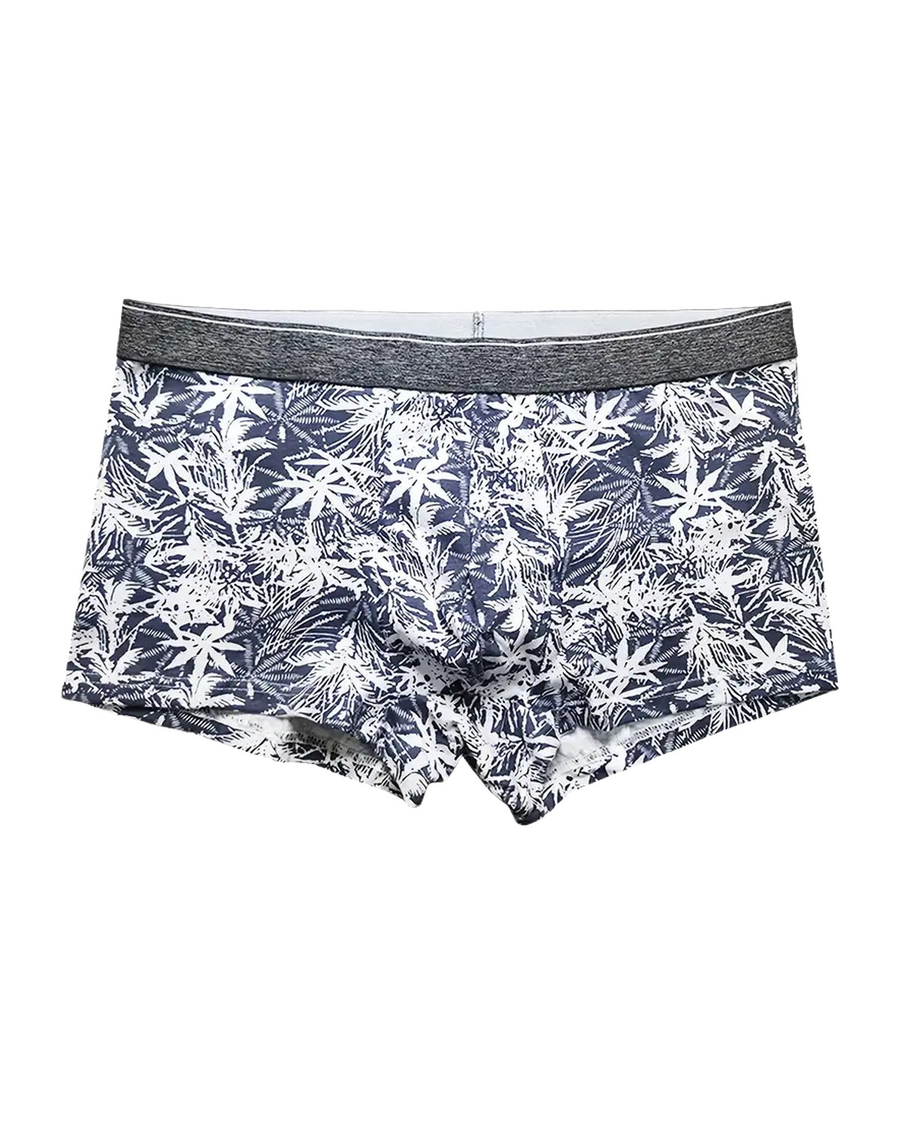 Boxer uomo in cotone con stampe tropicali – boxer blu con foglie bianche, davanti