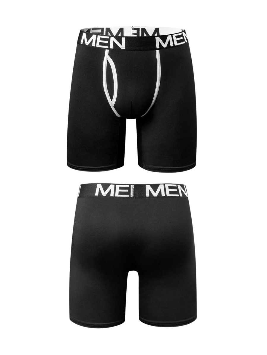 Men's Long-Leg Sports Boxers with Piping – black boxer, front and back