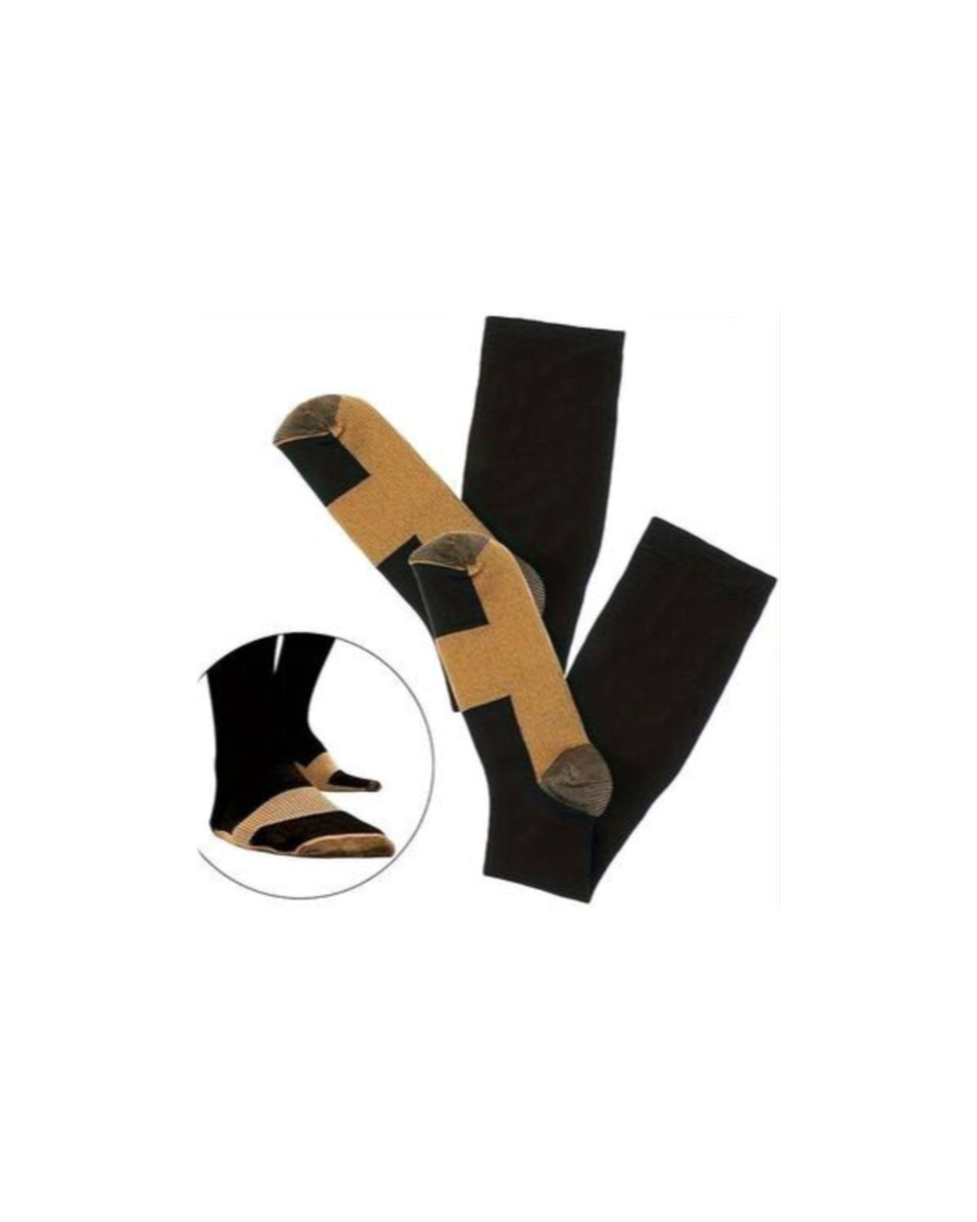 Calze a compressione unisex nere e color rame – calze a compressione stese, tallone e punta color rame