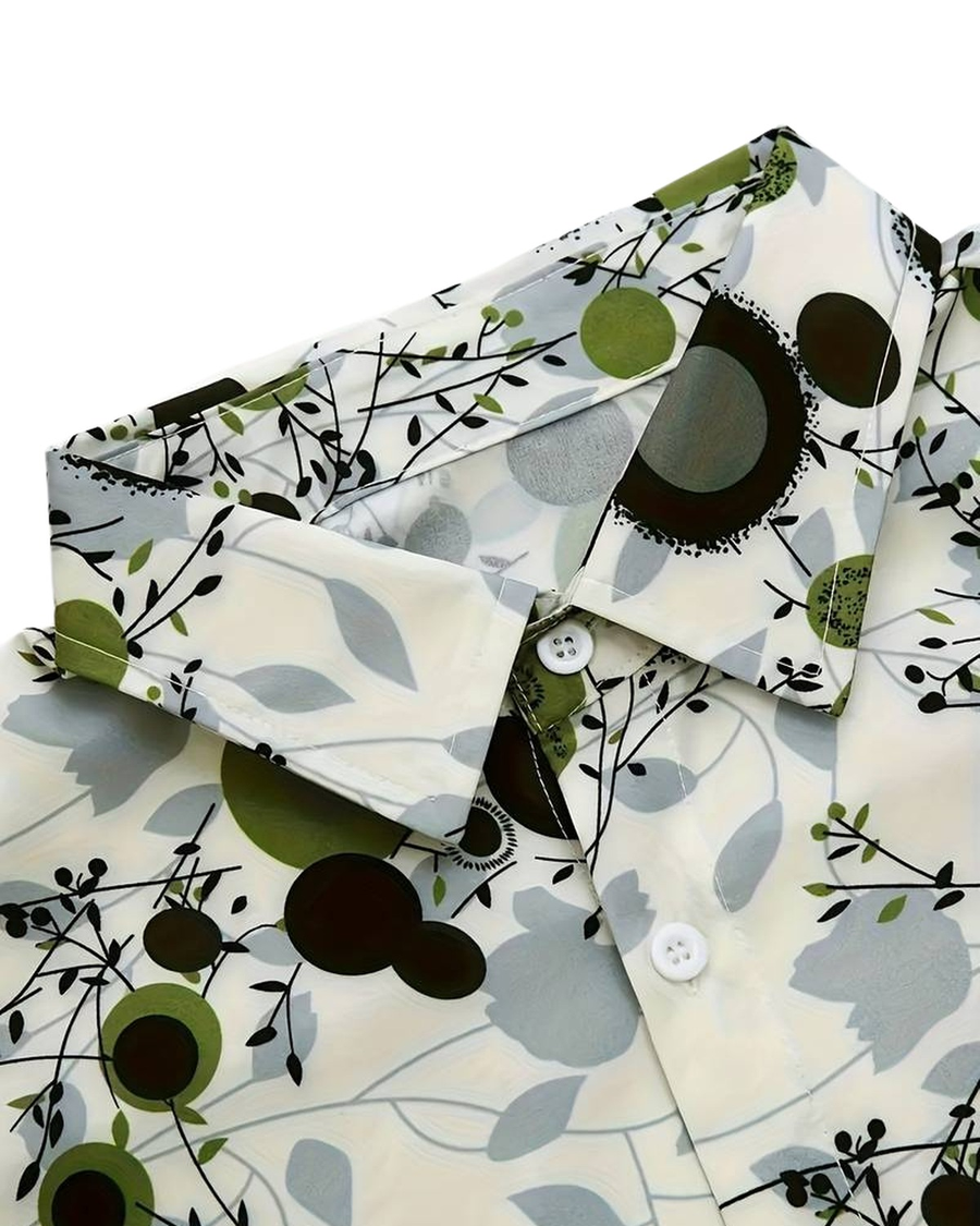 Collar and abstract print with circles and leaves, close-up