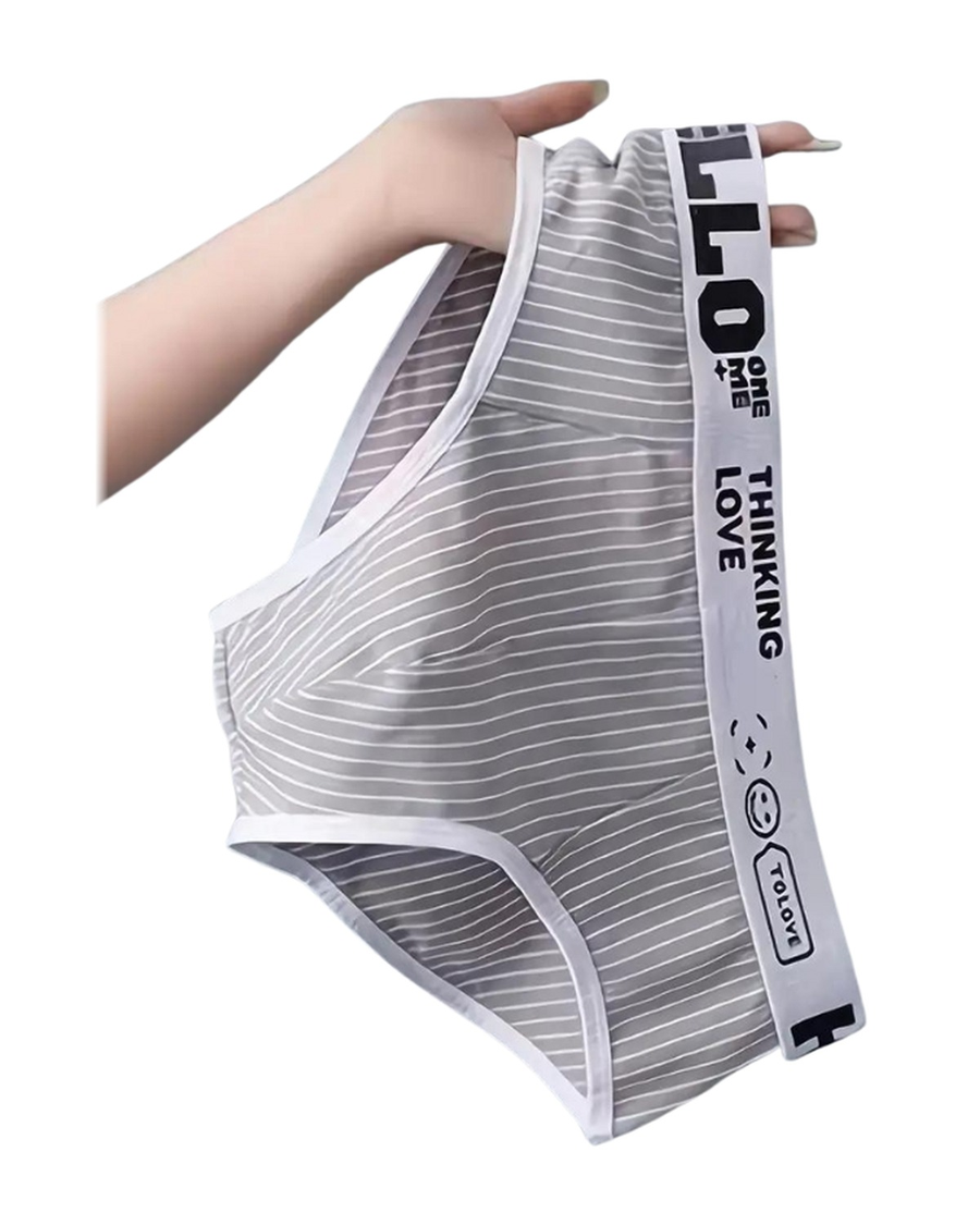 Slip uomo in cotone a righe sottili – slip grigio chiaro a righe tenuto in mano