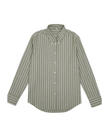Green shirt with white stripes and button-down collar, front view