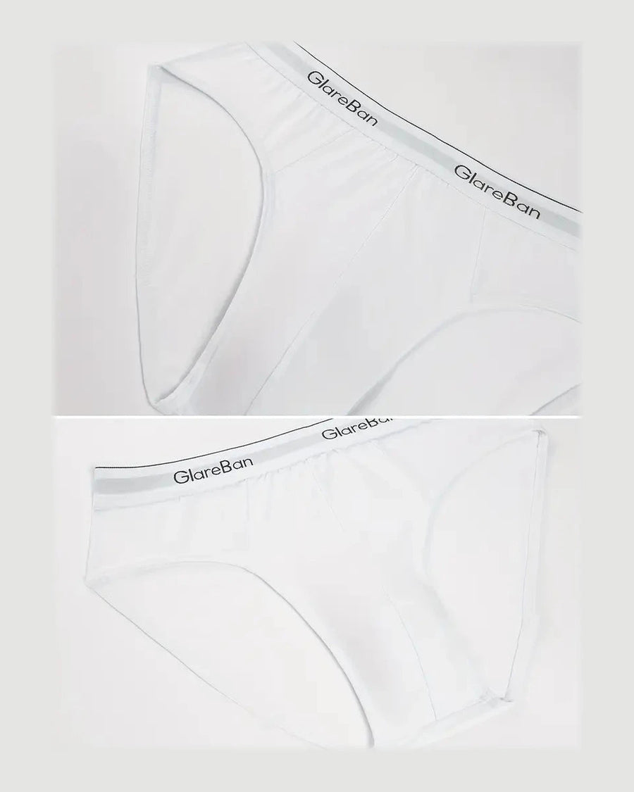 Men's White Low-Rise Stretch Briefs – details of the white brief: front and waistband