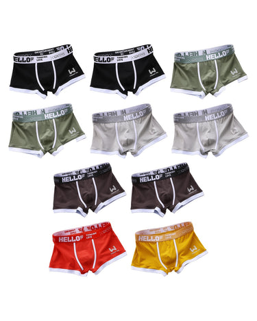 Boxer uomo in cotone HELLO – i 10 boxer della confezione: 2 neri, 2 verdi, 2 grigi, 2 marroni, 1 rosso e 1 giallo