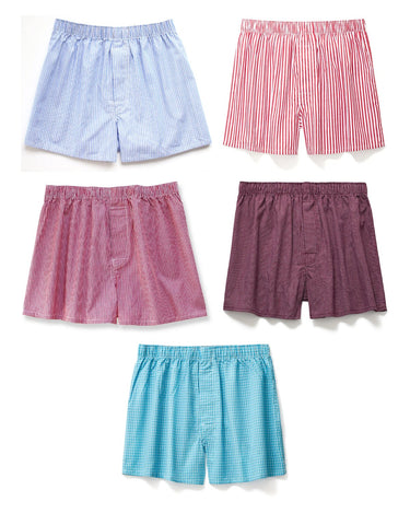 Herren Weite Boxershorts aus Baumwolle kariert und gestreift – Packung mit 5 Stück, 1x hellblau + 1x rot + 1x rosa + 1x bordeaux + 1x türkis