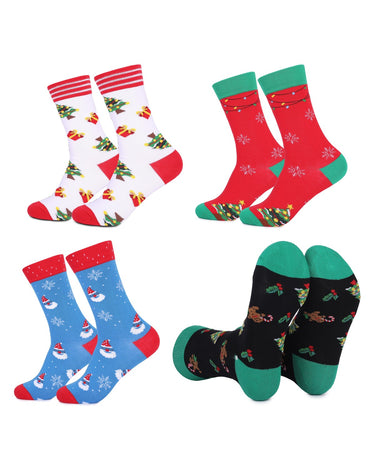 Meias de Natal de homem com luzes e presentes – pack de 4 pares, 1x árvores e presentes + 1x luzes sobre vermelho + 1x gorros sobre azul-claro + 1x boneco de gengibre sobre preto