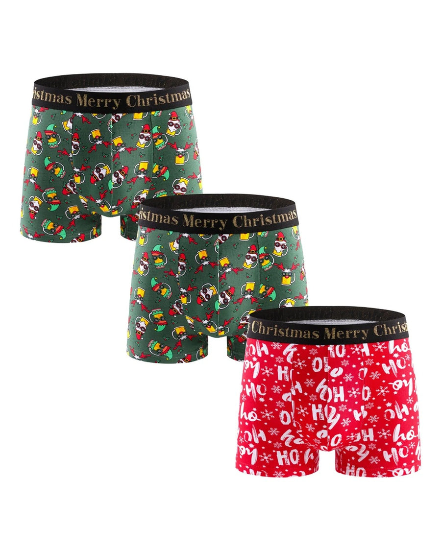 Boxer natalizi uomo in cotone Merry Christmas – confezione da 3 pezzi, 2x verde + 1x rosso